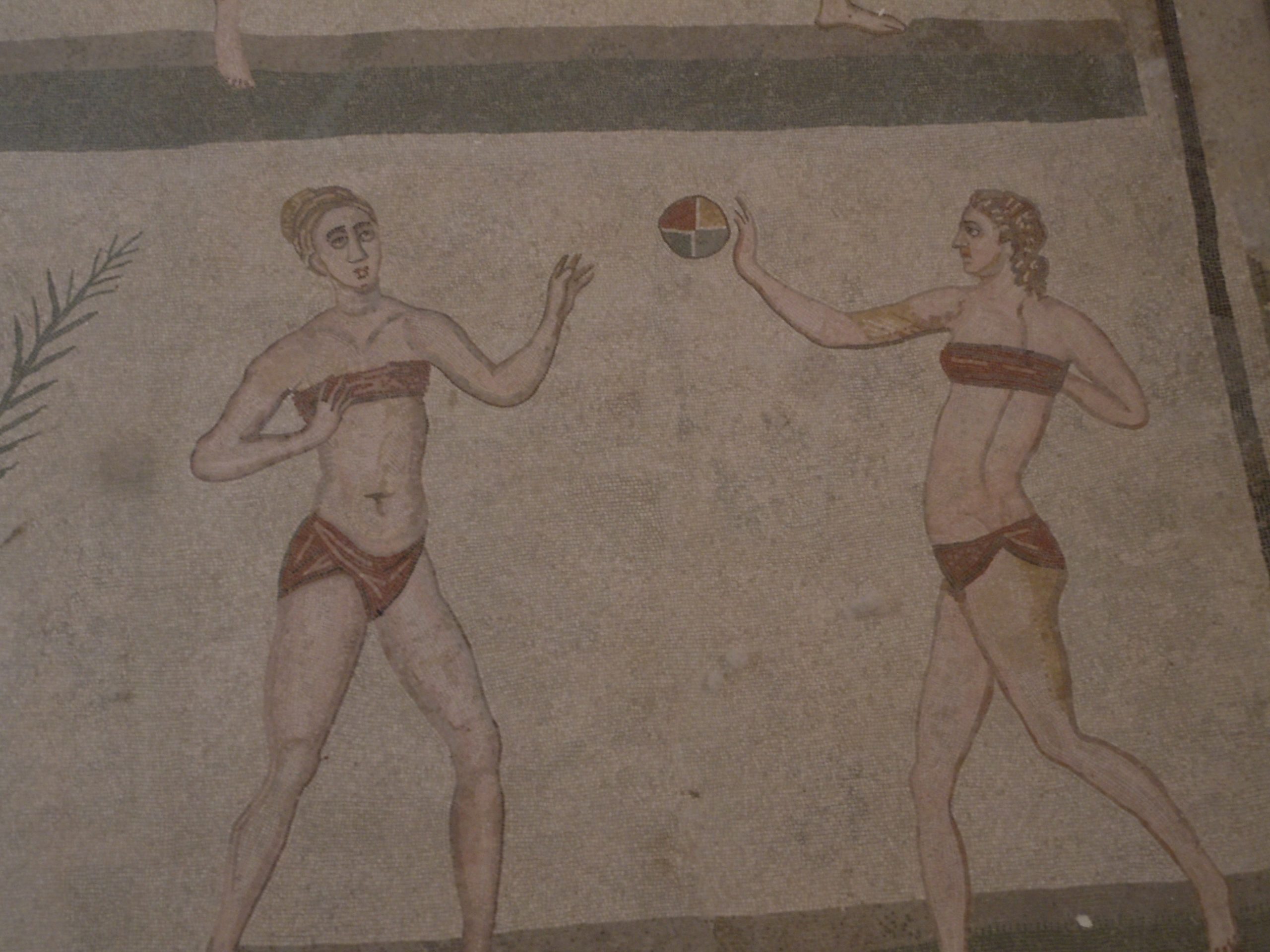 women in bikinis playing ball ( mosaic in Villa Romana del Casale, Sicily)
